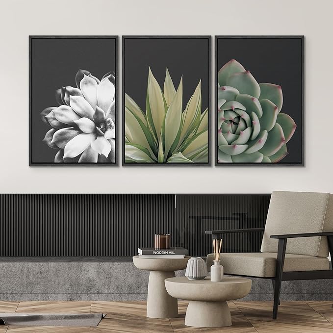 SIGNWIN Framed Wall Art Print Set Echeveria Succulent Variety Nature Plants Photography Modern Art Closeup Relax/Calm Dark Black and White for Living Room, Bedroom, Office - 24"x36"x3 Black