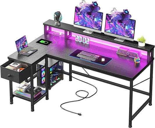 48" Gaming Desk with Power Outlet, Computer Desk with LED Lights & Drawer, L Shaped Desk with Monitor Stand for Gaming, Home Office Desk for Study Room, Bedroom, Living Room, Bedroom, Black