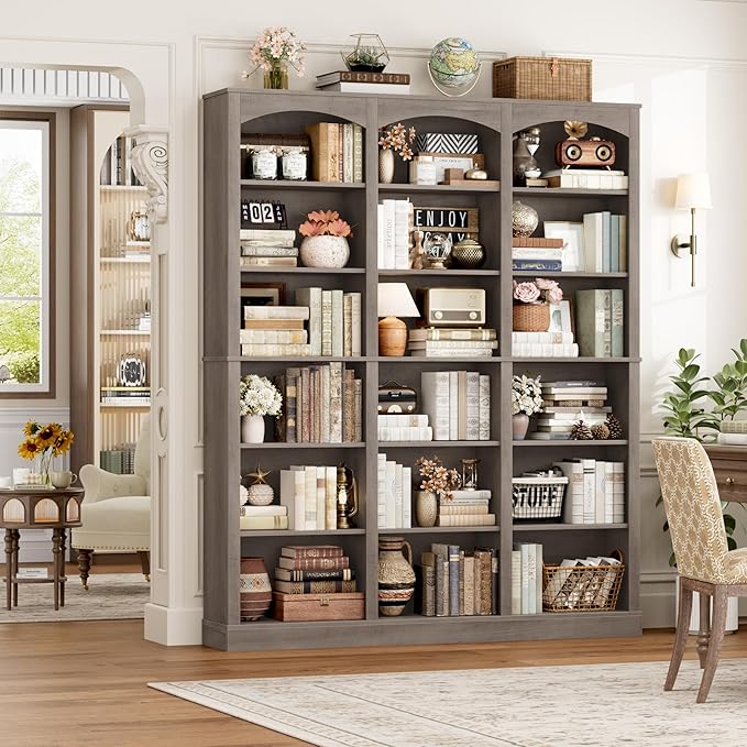 FACBOTALL 71" Triple Wide Bookshelf, 6 Tier Tall Bookshelf, Large Bookcase with Curved Baffle, 63.4" Wide Book Shelf with 18 Open Display Shelves for Living Room, Study, Gray