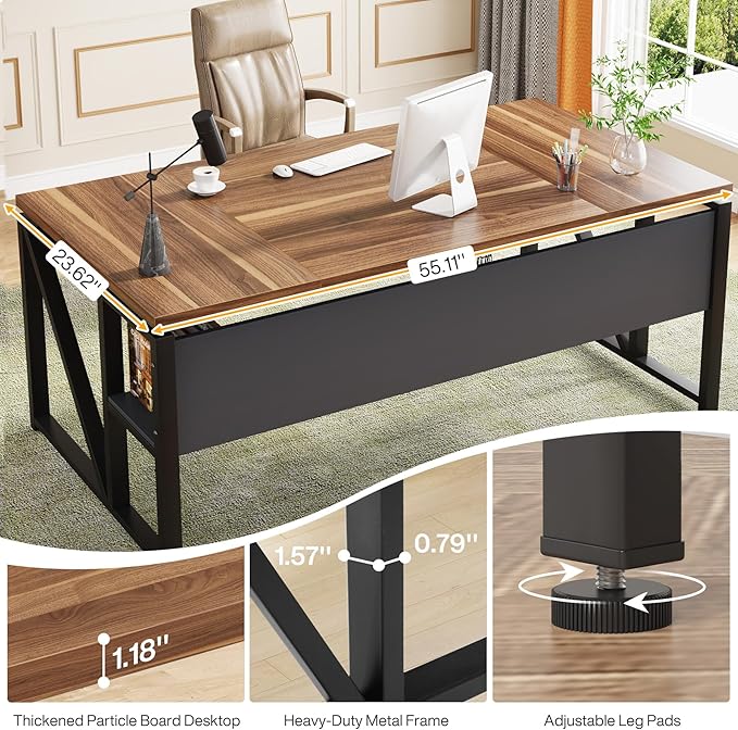 Tribesigns 63 inches Computer Desk with Bottom Storage Shelf Home Office Desk Writing Table for Workstation, Dark Walnut + Steel Leg, Cabinet not Included (Walnul, 63-inch-with Shelf)