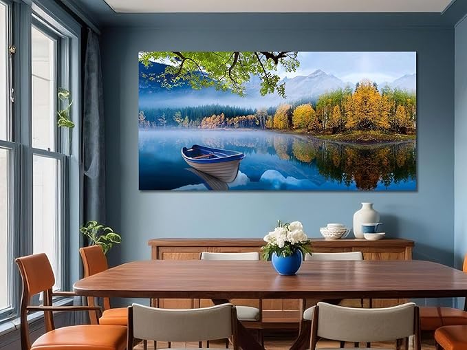 Arjun Landscape Wall Art for Living Room Lake Canvas Blue Picture Bedroom, Nature Boat Artwork Modern Nature Painting Framed Large Home Office Dining Room Wall Decor, Extra Large 58"x29"
