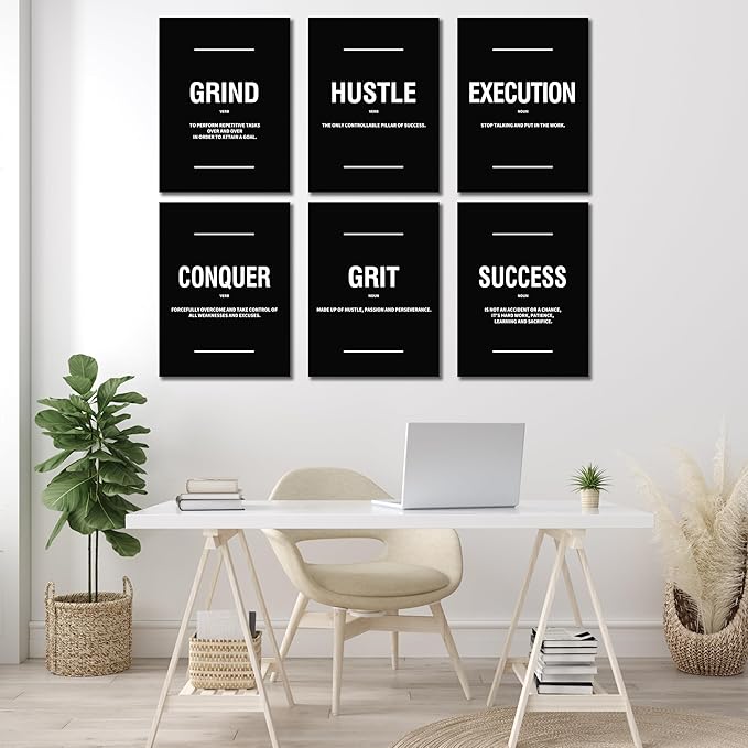 COSCTOR Set of 6 Motivational Wall Art Picture Decor Grind Hustle Execution Grit Conquer Success Canvas Framed for Office Bedroom Inspirational Workplace Posters Black and White Paintings Ready to Hang(Framed,20x30)