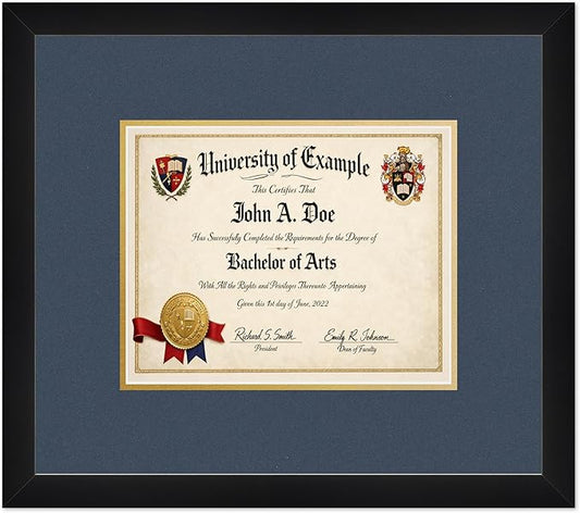 CountryArtHouse Diploma Frame Fits 10 x 8 Professional License - Keepsake Graduation Display Matte Black Genuine Hardwood with Navy Blue Over Metallic Gold Double mat