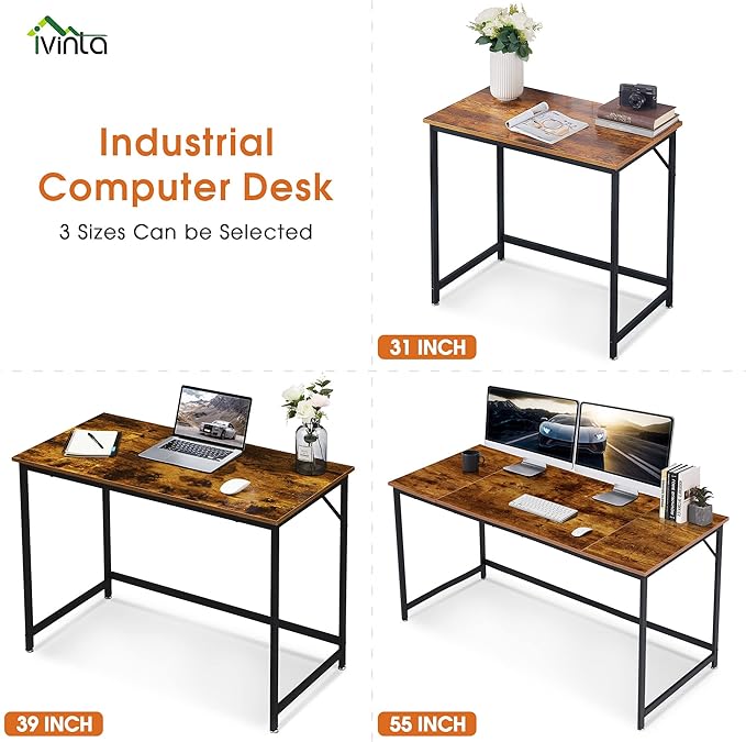 ivinta Computer Desk, Industrial Home Office Desk with Metal Frame, 40" Workstation for Small Spaces Living Room Bedroom Single (Vintage, Easy Assemble)