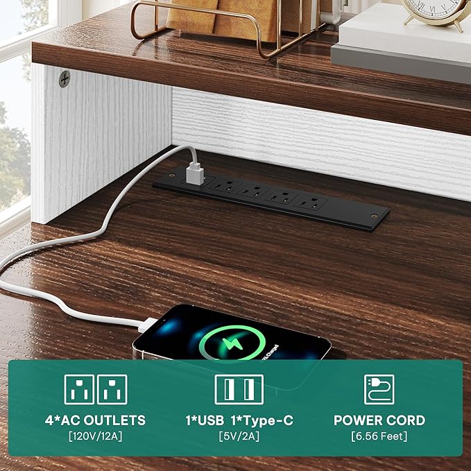 YITAHOME Computer Desk Stool Set with 5 Drawers, Office Desk with Power Outlets & LED Lights, Farmhouse Wood Desk Home Office Desks with Storage Cabinet & Monitor Stand for Work, Study, Antique White