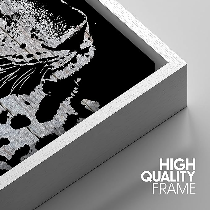 IDEA4WALL Framed Canvas Print Wall Art Grayscale Spotted Leopard on Wood Blocks Animals WildLife Illustrations Modern Art Tropical Portrait Dark for Living Room, Bedroom, Office - 24"x36" WHITE