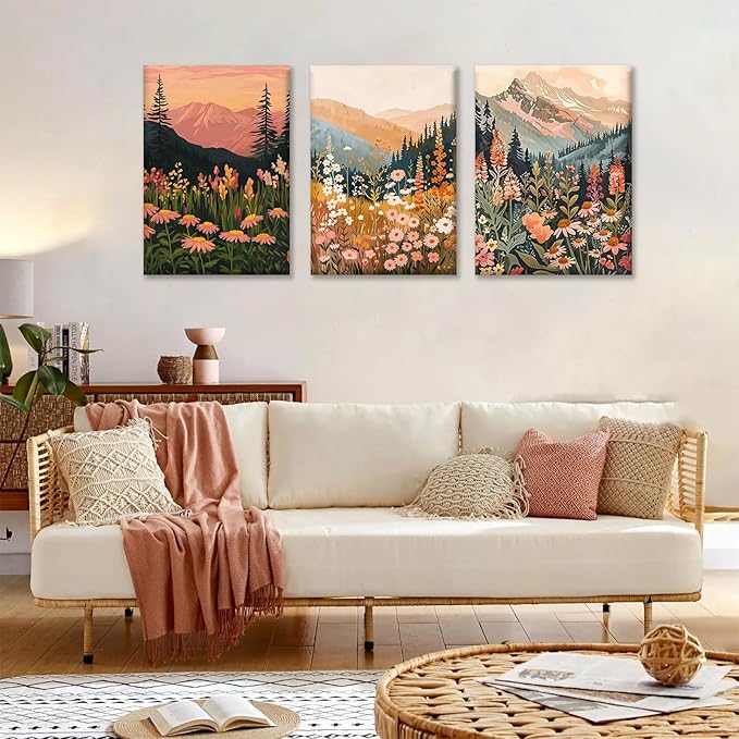 KBKBART Boho Colorful Landscape wall art Set of 3, Wildflower Mountain Wall Decor Vintage Floral Forest Paintings Rustic Nature Pictures Canvas Prints for Living Room Bedroom Dining Room 12x16 Inch
