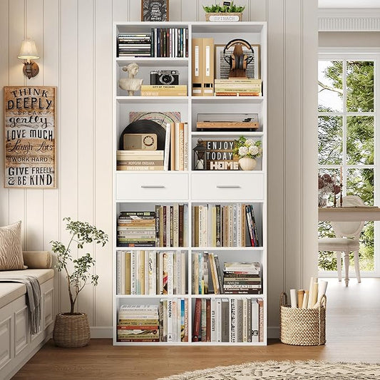 HOSTACK 73" Tall Bookshelf with Drawers, 7-Tier White Bookshelf with Storage, Double Wide Bookcase with 14 Open Book Shelves, Wood Book Case with Adjustable Shelves for Media CD DVD Storage, White