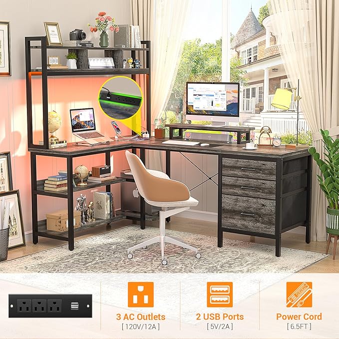 Aheaplus L Shaped Desk with Hutch, Gaming Desk with Led Lights, Reversible Computer Desk with Power Outlet, Corner Desk with File Drawer & Monitor Stand, Storage Shelves for Home Office, Black Oak