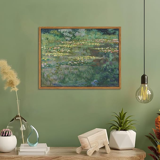 Framed Claude Monet Wall Art – Vintage Water Lilies Pond Painting Wall Decor, Impressionist Living Room Wall Art, Classic Aesthetic Canvas Prints for Bedroom Kitchen Bathroom – 24"x16"