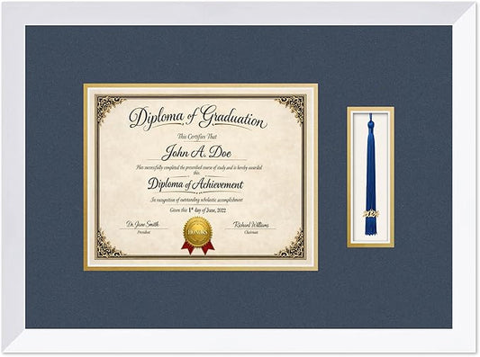 Diploma Frame with Tassel Holder Bright White Shadowbox Navy Blue Over Gold Mat - Fits 10 x 8 Degree Made in the USA