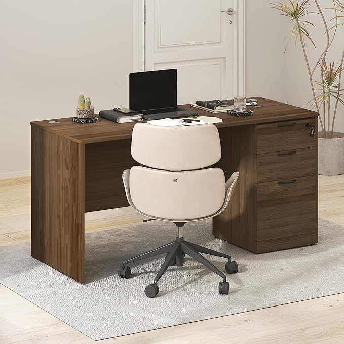 Furinno Roger 60 Inch Executive Desk with File Cabinet, Home Office Desk with 3-Drawer Fixed Pedestal Filing Cabinet, Desk Cord Grommet, for Home Office, Modern Walnut