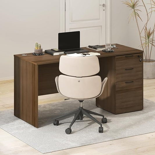 Furinno Roger 60 Inch Executive Desk with File Cabinet, Home Office Desk with 3-Drawer Fixed Pedestal Filing Cabinet, Desk Cord Grommet, for Home Office, Modern Walnut