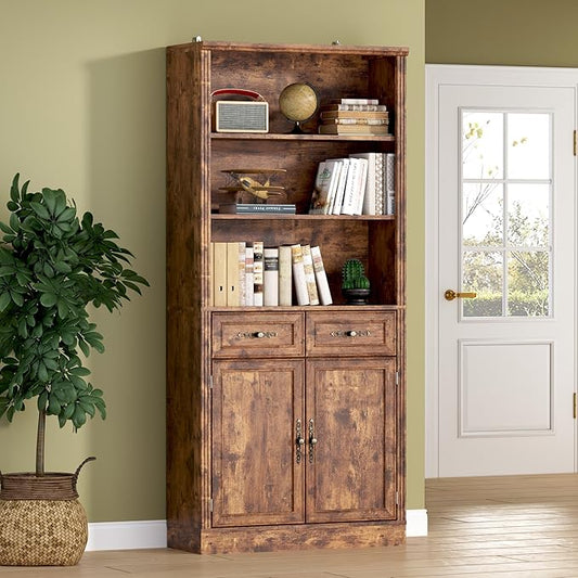 70.1" Tall Bookshelf with Drawers & Cabinet, 5-Tier Floor Standing Bookcase with Storage Doors, Adjustable Shelves & Metal Handles, 31.5" Wide Organizer for Home Office, Living Room