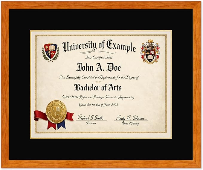 CountryArtHouse Diploma Frame Fits 17 x 13 International Diploma - Keepsake Graduation Display Honey Oak Genuine Hardwood with Black Over Metallic Gold Double mat
