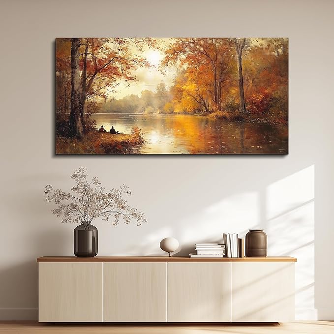 FUHAIHUA Canvas Wall Art For Living Room Large Wall Decor For Bedroom Aesthetics Office Wall Decoration Saffron Yellow Tree Landscape Painting Forest Picture Artwork Ready To Hang Home Decor 24"X48"