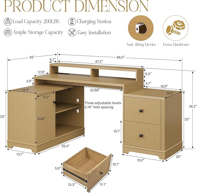 67" L Shaped Executive Desk with Drawers & Storage Shelf, Corner Computer Desk with Power Outlets, Home Office Desk with Monitor Stand, Printer Shelf, Computer Writing Desk for Work, Oak