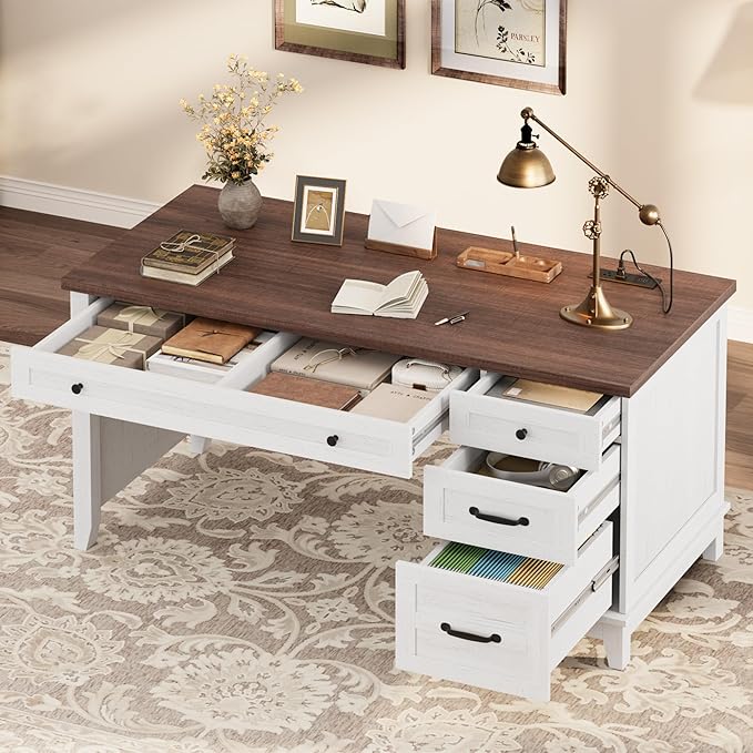 GarveeHome Executive Desk with Drawers, Farmhouse Home Office Desk with Charging Station, 53.54 in Wooden Computer Desk with File Cabinet Storage for Work Study Writing,White Walunt
