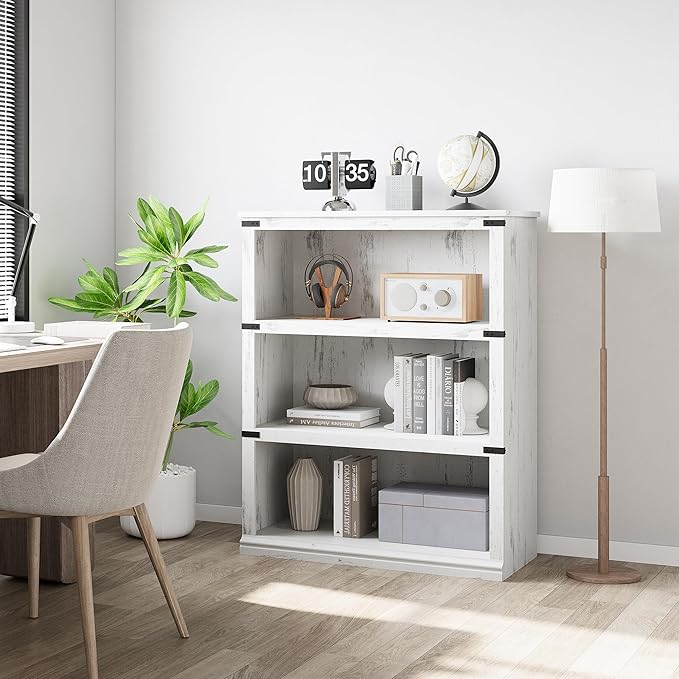 Farmhouse Book Shelf, 3 Tier Book Shelf for Display, 39.9" Wooden Bookcase for Storage, 3 Shelf Display Shelvesfor Home Office, Living Room, Bed Room-White