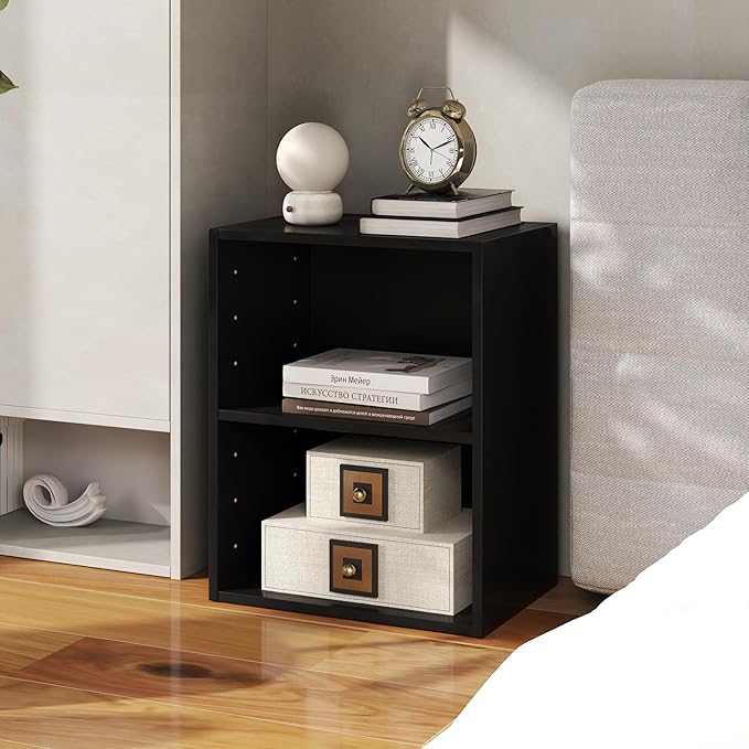 Tangkula 2-Tier Bookshelf, Open Shelf Bookcase with 7-Position Adjustable Shelf, Multifunctional Wooden Cubby Storage Display Shelf for Home Office Study Living Room (Black, 2)
