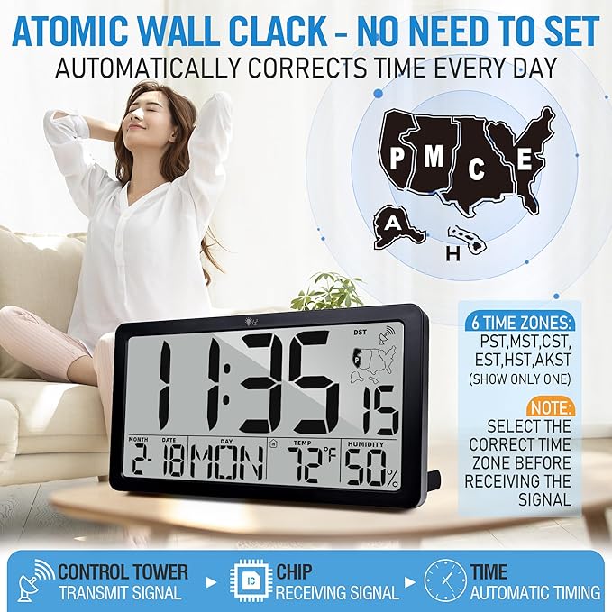 TXL Atomic Digital Wall Clock, Battery Operated with Temperature & Humidity, Auto DST, Date & Weekday, Easy Set Alarm, for Living Room, Bedroom, Office & Classroom (Black)