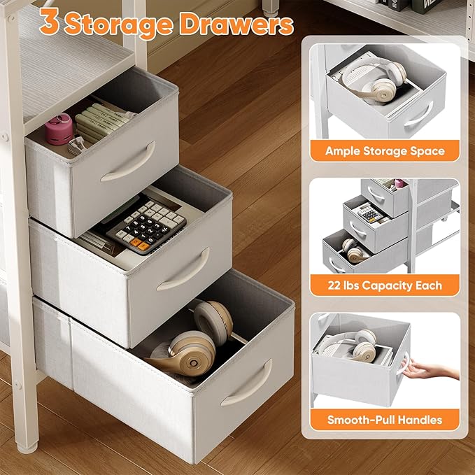 DUMOS L Shaped Desk with Shelf Drawers 55 Inch, White Corner Computer Desks Gaming with Power Outlet, Study Table with Adjustable Shelves, Home Office Tables for Bedroom Teacher Reading Writing