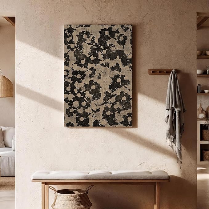 Framed Abstract Canvas Wall Art Neutral Abstract Floral Print Vintage Minimalist Modern Neutral Botanical Wall Art Hand Painted Black Blooming Flowers Artwork for Living Room Bedroom, Ready to Hang