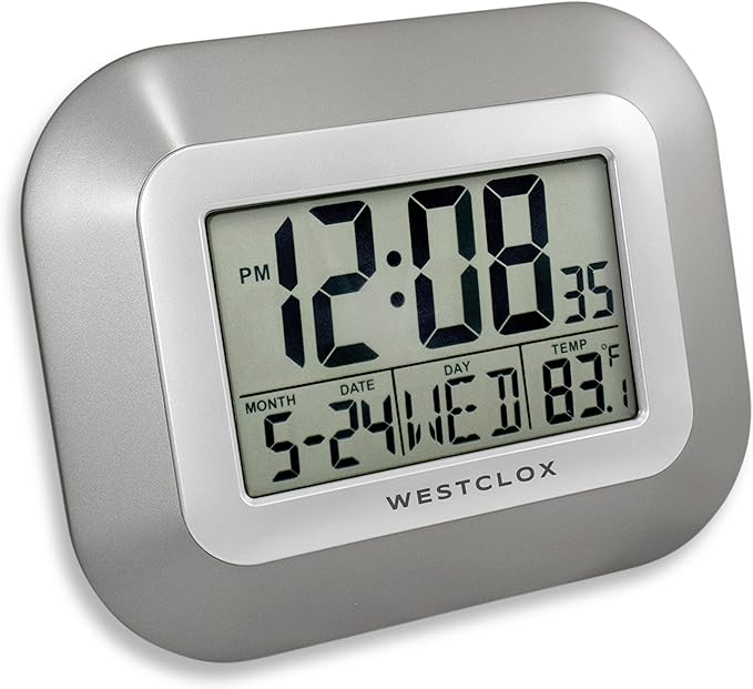 Westclox Large Digital Wall Clock with Date, Day & Temperature – Battery Operated Digital Clock with Alarm & Snooze, 12/24 Hour Display, Stylish Wall or Desk Clock for Home, Office & Bedroom (Gray)