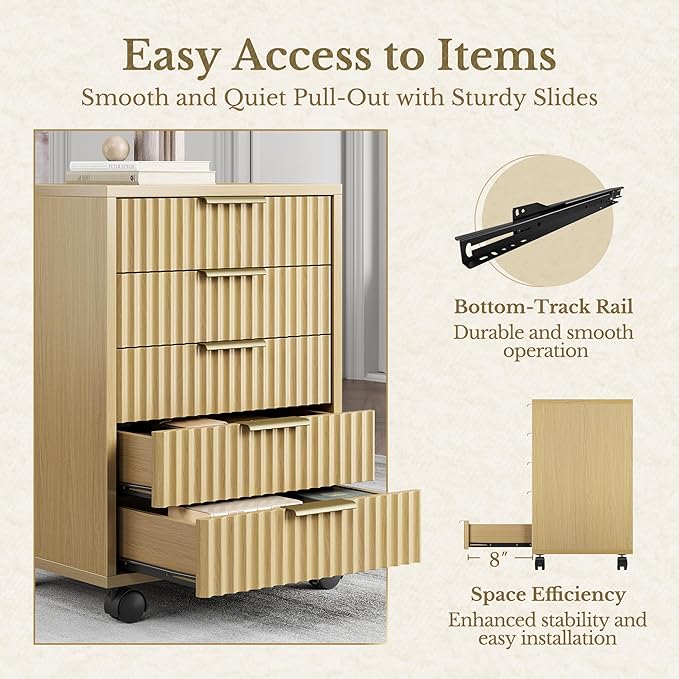 Home Office Furniture Set, Fluted Wooden File Cabinet with Locable Wheels, Filing Cabinet with 5 Drawers for Home Office, Light Walnut