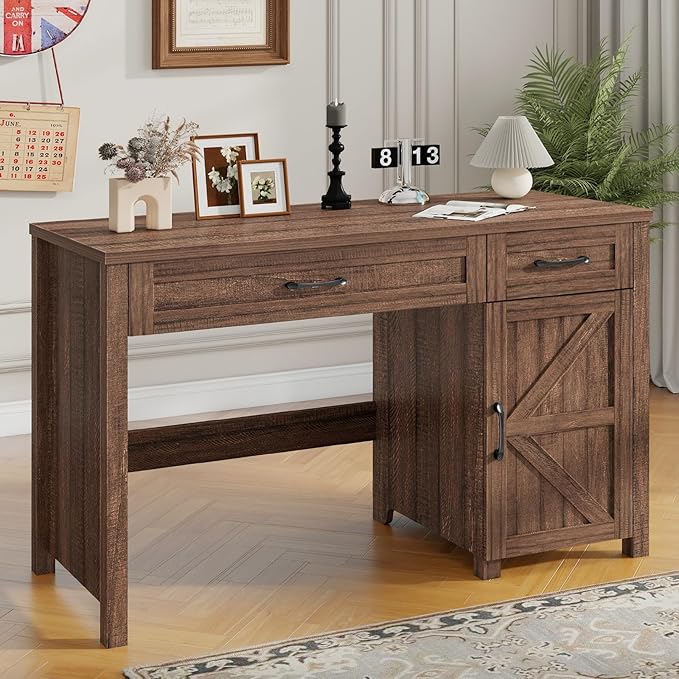 Farmhouse 47" Executive Desk, Computer Desk with Drawers and Storage Cabinet, Workstation Computer Desk for Home Office and Study.Red-Brown