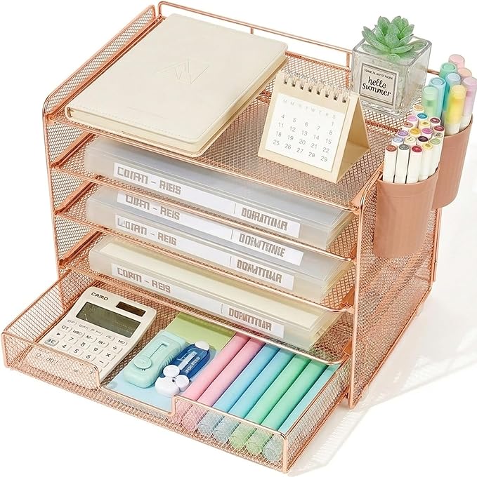 Desk Organizer and Accessories, 5-Tier Paper Letter Tray Organizer with Drawer & 2 Pen Holders for Desktop File Organization, Office Desk Accessories for Supplies Storage (Rose Gold)
