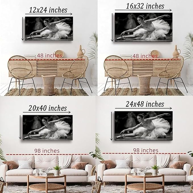 Black White Ballet Dancer Framed Canvas Wall Art for Bedroom, Elegant Figure Decor 24" L x 12" W