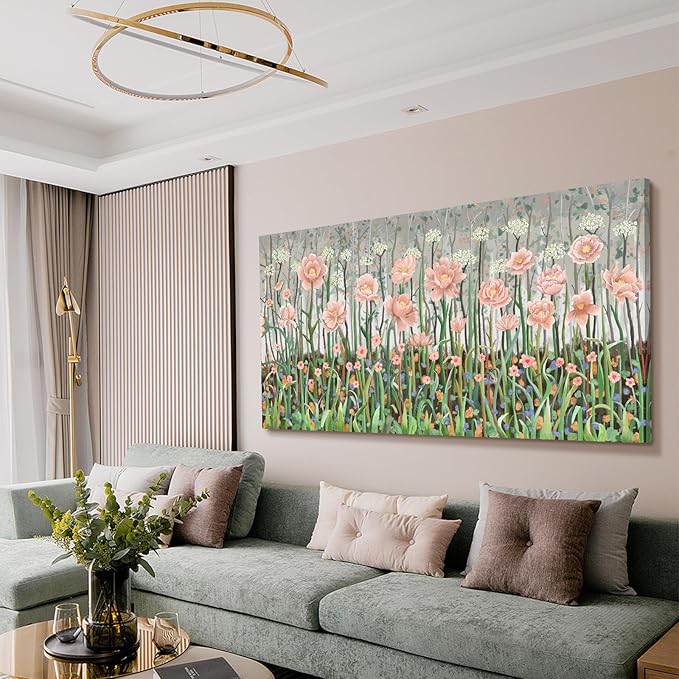 amatop Extra Large Modern Floral Canvas Print: Abstract Pink and Green Wildflowers, Stretched Ready-to-Hang Wall Art for Living Room, Bedroom, or Office (58x29 in)