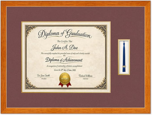 Diploma Frame with Tassel Holder Honey Oak Shadowbox Dark Red Over Gold Mat - Fits 15 x 12 Degree Made in the USA