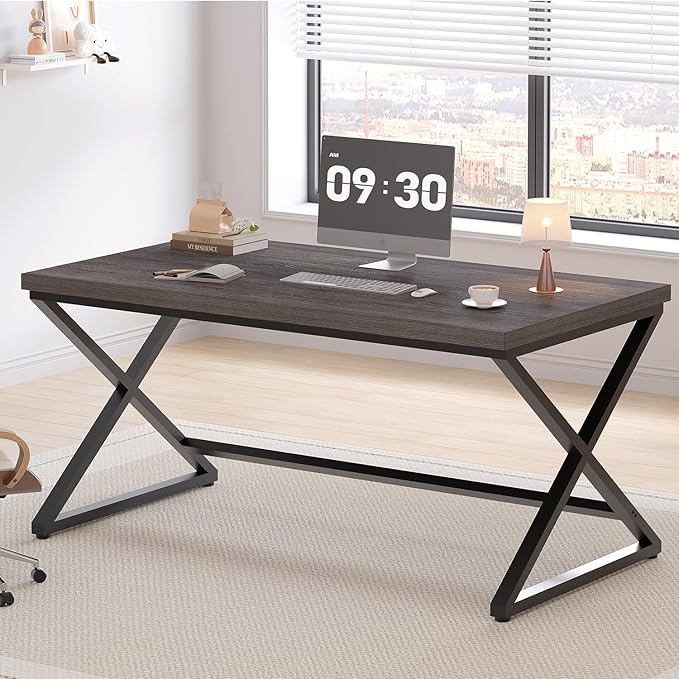 IBF Grey Home Office Desk, Modern Computer Desk for Writing Study, Wood Metal Rustic Pc Gaming Executive Work Desk, Industrial Workstation Computer Table in Bedroom, Dark Gray Oak, 55 Inch