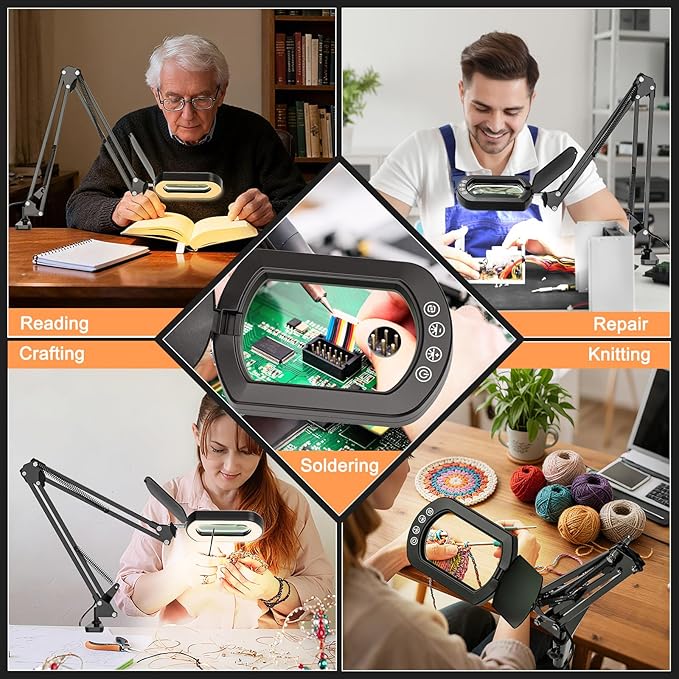 Magnifying Glass with Light and Clamp, 15X 10X Desk Rectangle Magnifying Lamp with Dust Cover, 5 Color Modes, 84 LED Lighted Magnifier Hands Free, Table Lamp with Touch Button for Repair Crafts Hobby