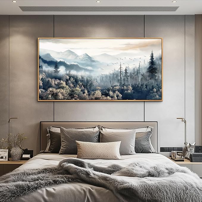 hyidecorart Large Canvas Wall Decor For Office Wood Framed Wall Art For Living Room Modern Bedroom Home Decoration Fog Forest Landscape Abstract Wall Paintings Stretched and Framed Pictures Artwork
