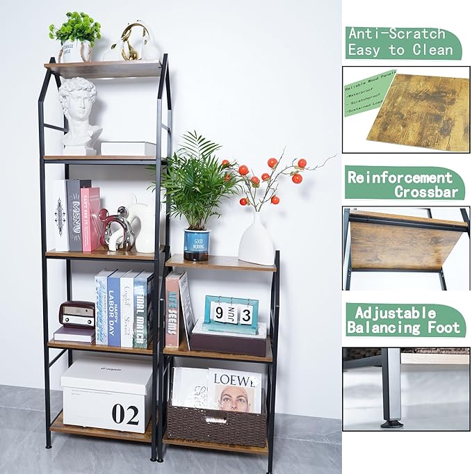 Bookshelf, 3 Tier Industrial Small Bookcase, Metal Narrow Book Shelf, Book Case Book Storage Organizer for Living Room, Bedroom, and Home Office - Rustic Brown