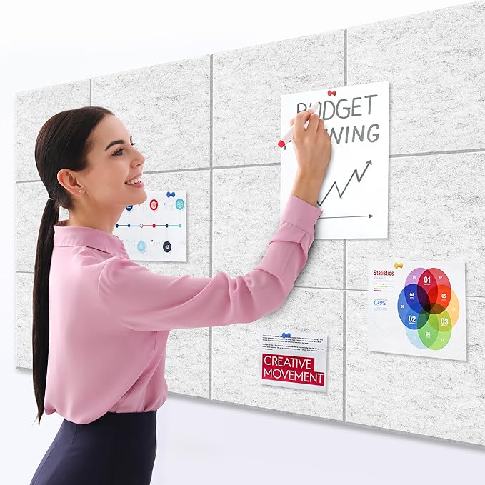 Large Cork Board Alternative - 11.8"x11.8"x0.35" 12 Pack Felt Wall Tiles Self-Adhesive Safe Removable Large Corkboard Bulletin Board Felt Cork Board for Walls Cork Board for Office 48 x 36-White Grey