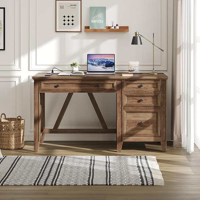 ONBRILL 54 Inch Farmhouse Executive Desk, Computer Desk with Storage Drawers & File Drawer, Modern Home Office Desk with Charging Station for Working, Studying, Writing, Brown (Brown)