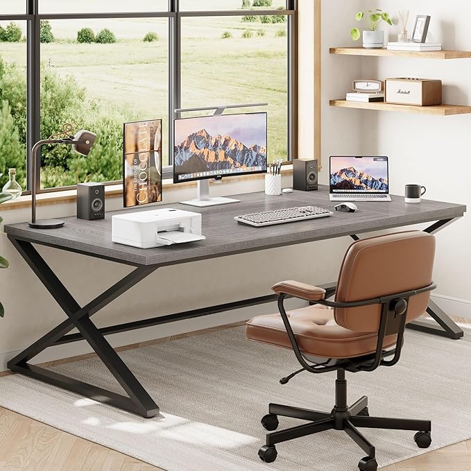 IBF Extra Large Desk, 78.7” Long Home Office Computer Desk, Simple Wide Work Desks for Writing Study in Bedroom, Industrial Wood Metal Game Desks Executive Workstation Conference Table, Light Grey Oak