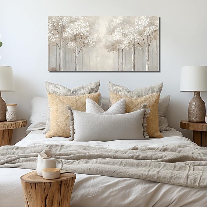 ANCXWOTER Large Forest Wall Art for Living Room Light Grayish-White Misty Birch Tree Picture for Bedroom Office Modern Landscapes Canvas Prints Ready to Hang 20x40 Inch（This color is a kind of light beige with a hint of gray, misty and dim.）