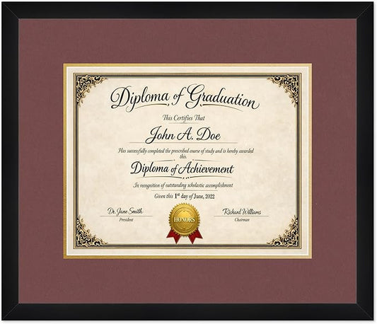 Diploma Frame Matte Black with Dark Red Over Gold Double Mat - Fits 14 x 11 College Diploma (Modern) Wall Display Made in the USA