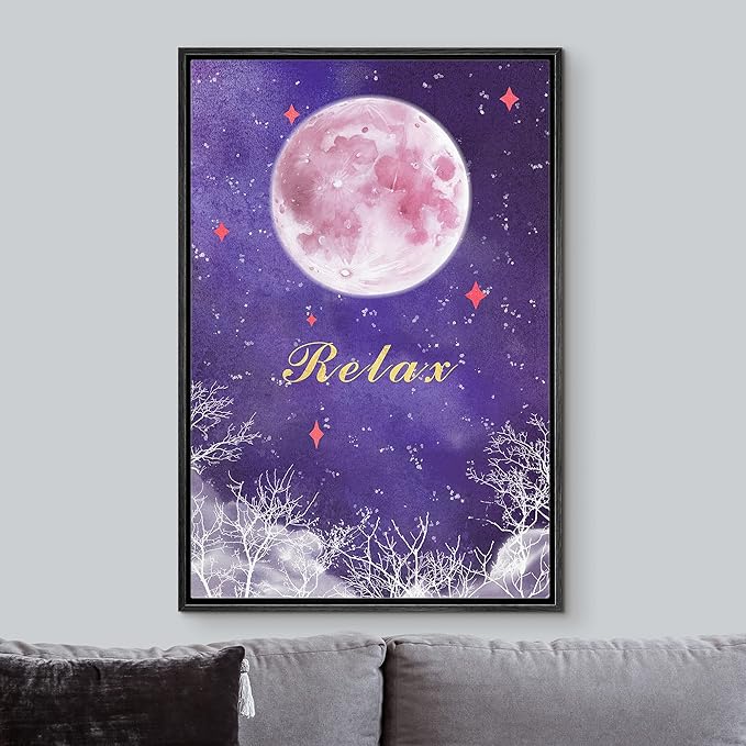 IDEA4WALL Framed Canvas Print Wall Art Tranquil Watercolor Galaxy with Pink Moon Astronomy & Space Sky Illustrations Modern Art Glam Colorful Ultra for Living Room, Bedroom, Office - 24"x36" BLACK