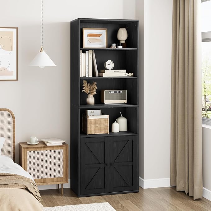 IDEALHOUSE Bookcase with Doors Industrial Bookshelf 11.8in Depth Display Storage Shelves 71.4in Tall Farmhouse Bookcases Wooden 6 Shelf Bookshelvels for Bedroom, Living Room, Home Office (Black)