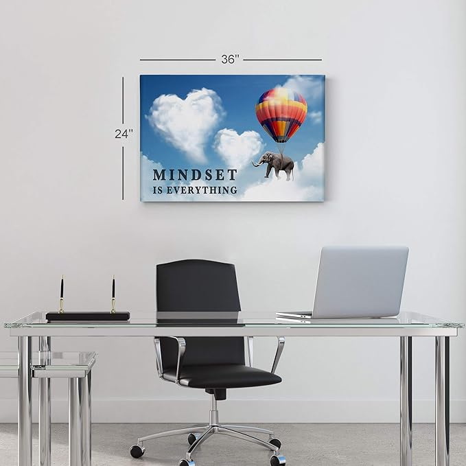 Smile Art Design Mindset is Everything Quote Elephant with Balloon Blue Sky Motivational Wall Art Canvas Print Inspirational Wall Art Entrepreneur Quote Office Decor Artwork Gift Ready to Hang 24x36
