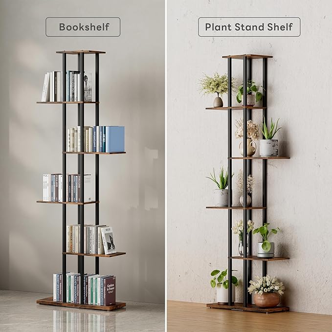 6 Tier Corner Bookshelf，Slim Open Bookshelf，Small Book Shelf for Small Spaces，Living Room, Home Office, 9.45 x 20.8 x 62.2 Inches,（1PC+Rustic Borwn
