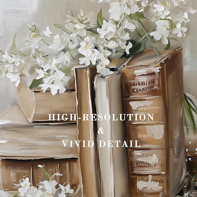 Kizbook Vintage Wall Art Prints, Vintage Books and Flowers Canvas Prints Painting, Antique Floral Wall Decor for Light Academia Cottage Room Decor, Aesthetic Bedroom Art Picture for Living Room Bathroom Gallery Shelf Decoration (8" x 10"-UNFRAMED)