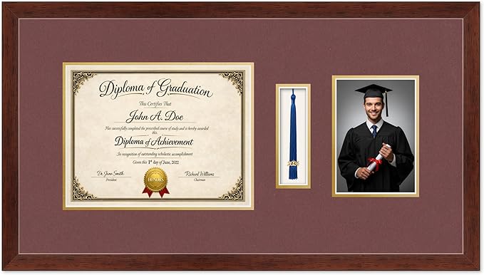 Diploma Tassel and Photo Frame Rustic Walnut Shadowbox Dark Red Over Gold Mat - Fits 11 x 8.5 Degree Picture Made in the USA