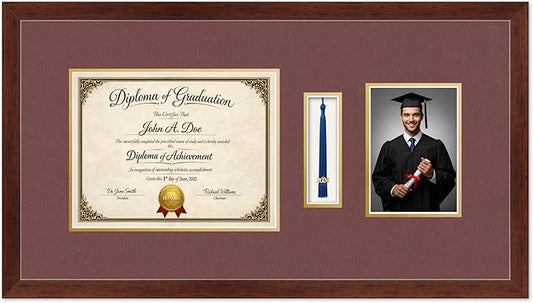 Diploma Tassel and Photo Frame Rustic Walnut Shadowbox Dark Red Over Gold Mat - Fits 11 x 8.5 Degree Picture Made in the USA